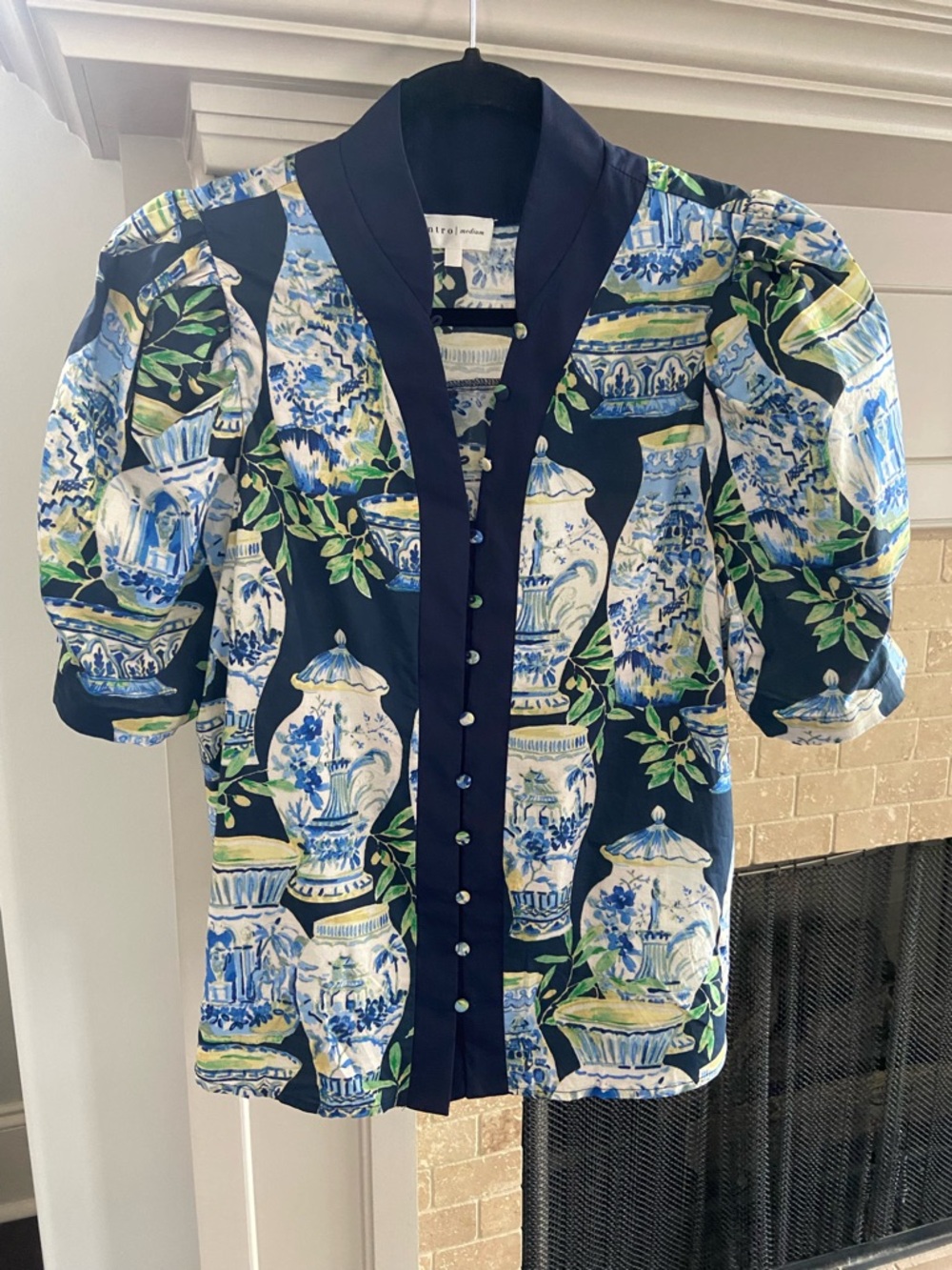 Entro Navy and White Floral Ginger Jar Print Top